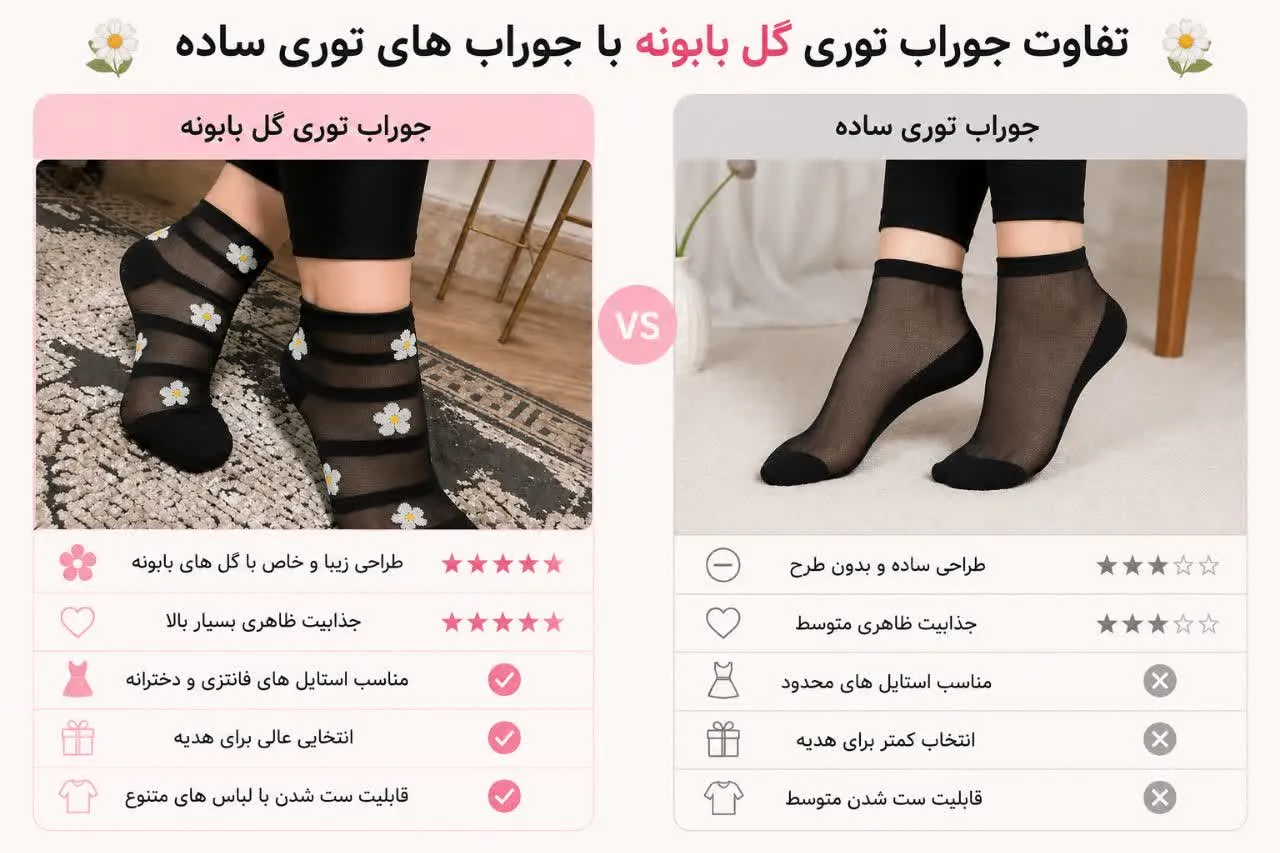 تفاوت جوراب توری گل بابونه با جوراب توری ساده