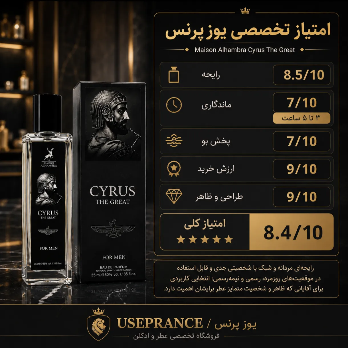 بررسی مشخصات و ماندگاری ادکلن کوروش کبیر الحمبرا 35 میل