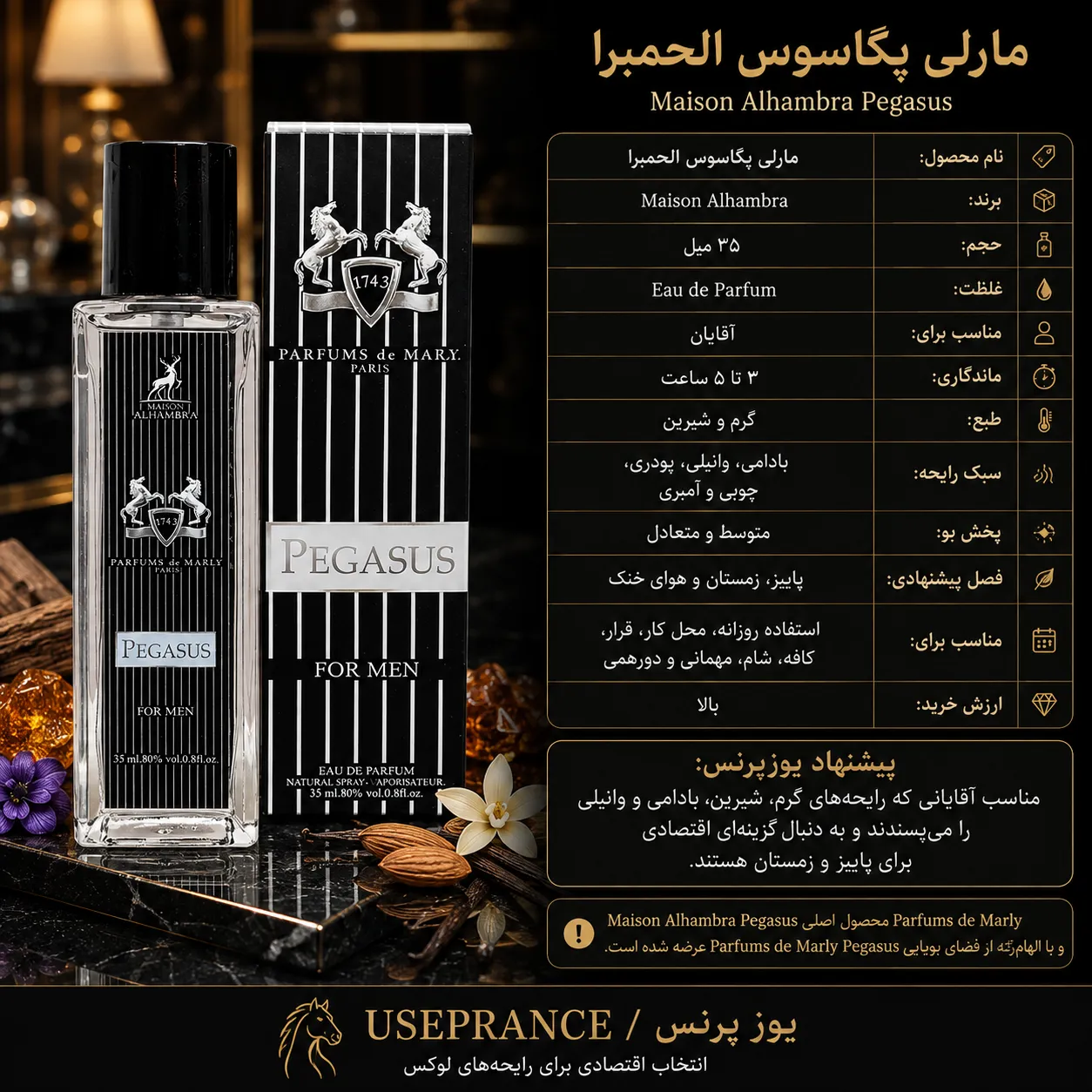 مشخصات پخش بو و ماندگاری ادکلن مارلی پگاسوس الحمبرا ۳۵ میل