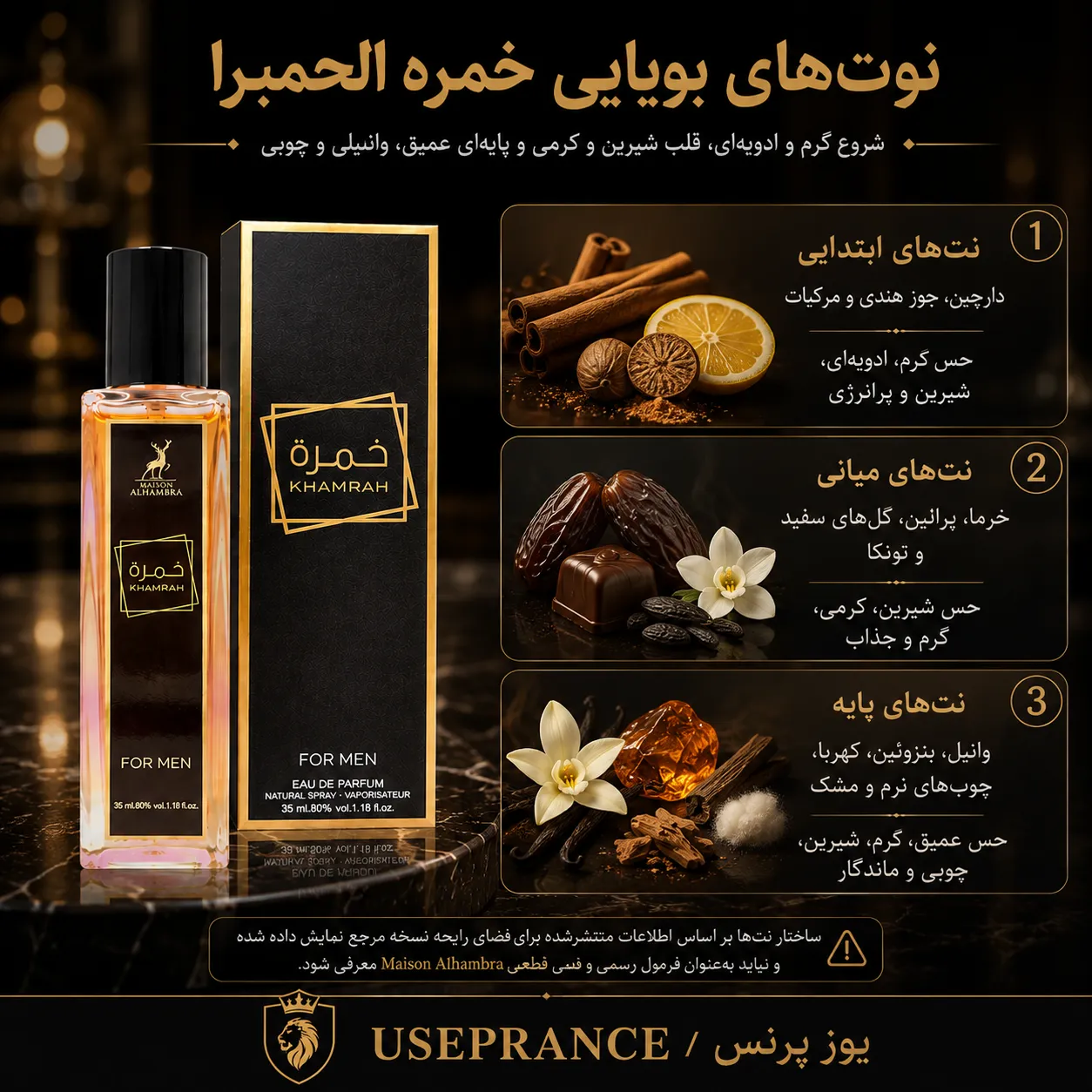نوت ها و رایحه ادکلن خمره الحمبرا 35 میل