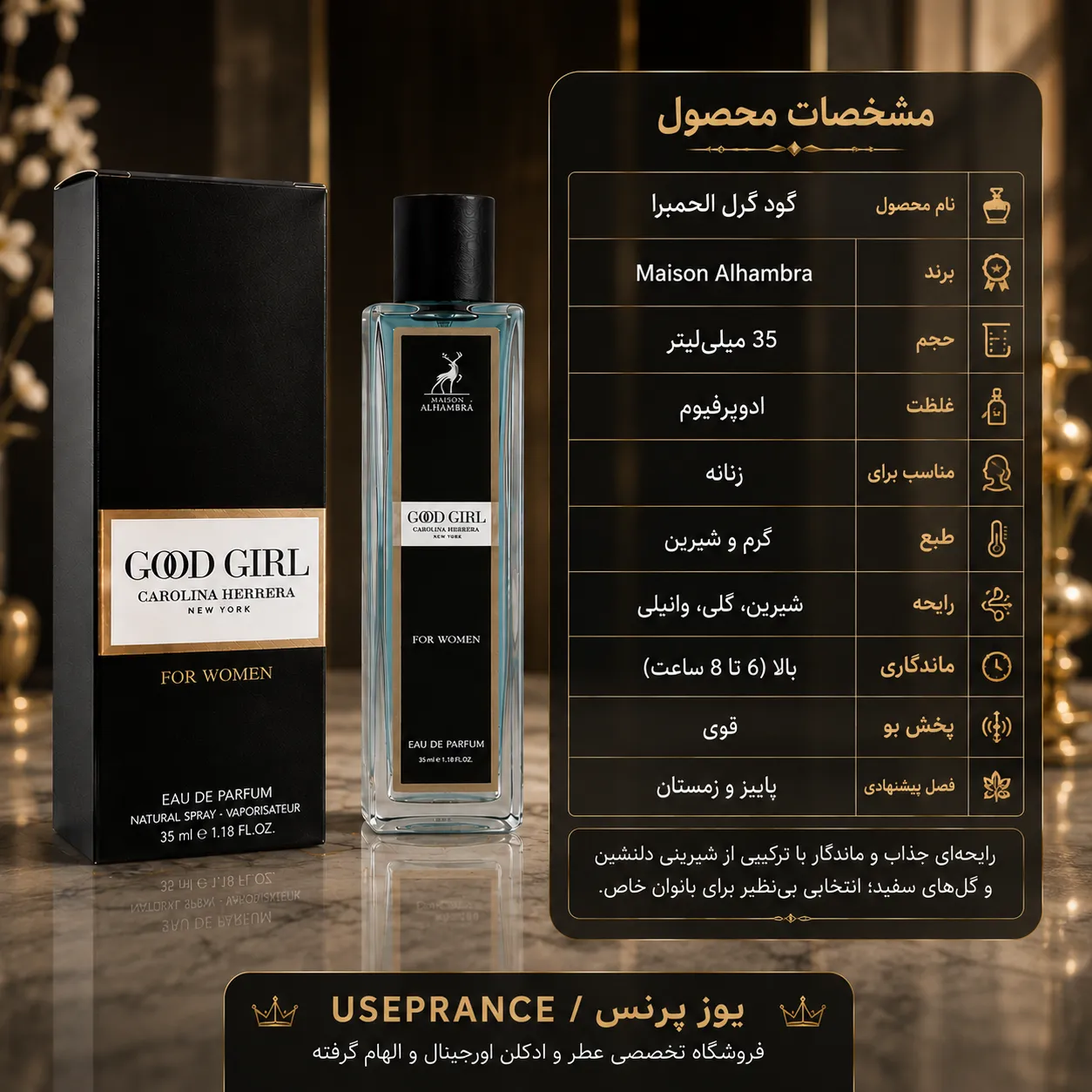 مشخصات پخش بو و ماندگاری ادکلن گودگرل الحمبرا 35 میل