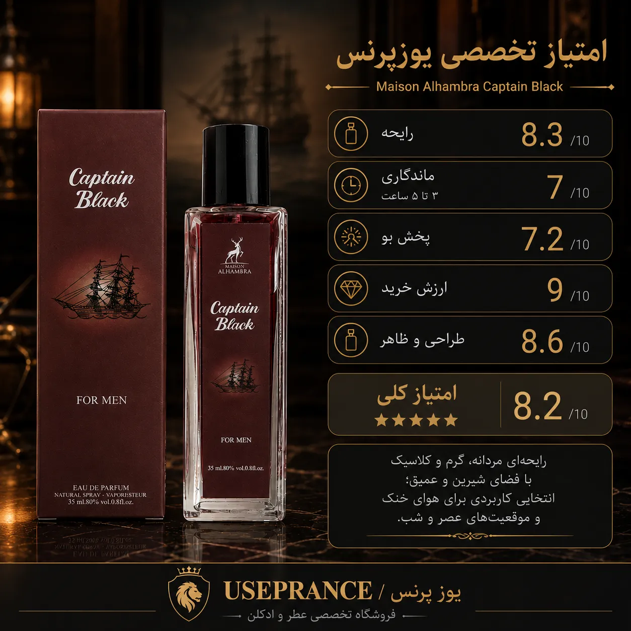 بررسی مشخصات و ماندگاری ادکلن کاپیتان بلک الحمبرا