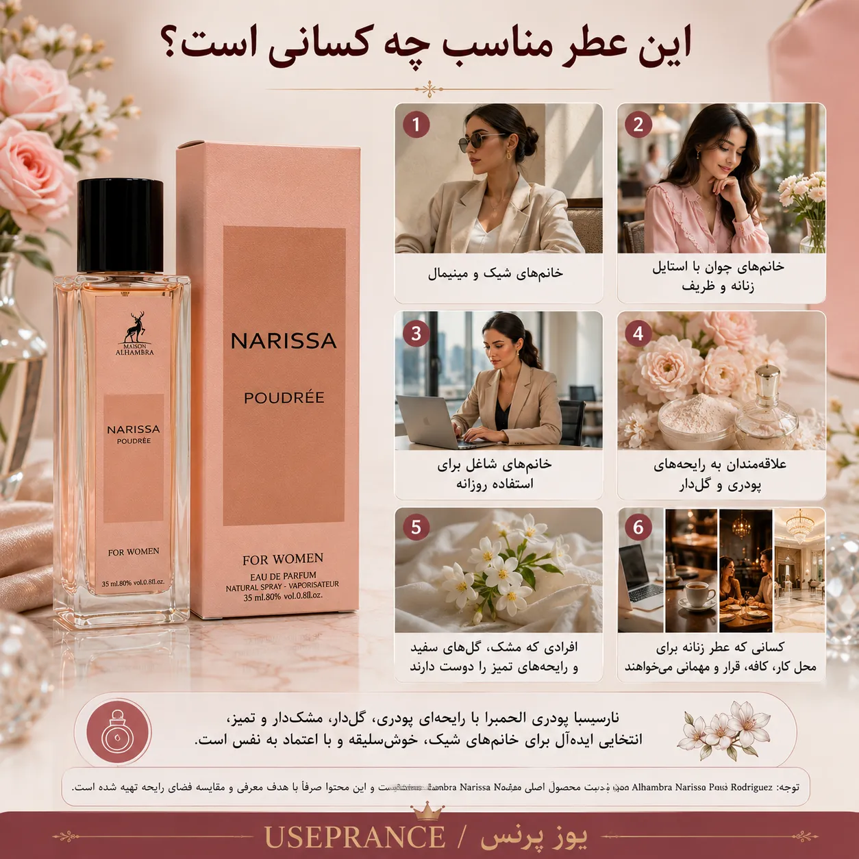 ادکلن نارسیسو پودری الحمبرا مناسب چه موقعیت هایی است؟ محیط کار قرار عاشقانه مهمانی