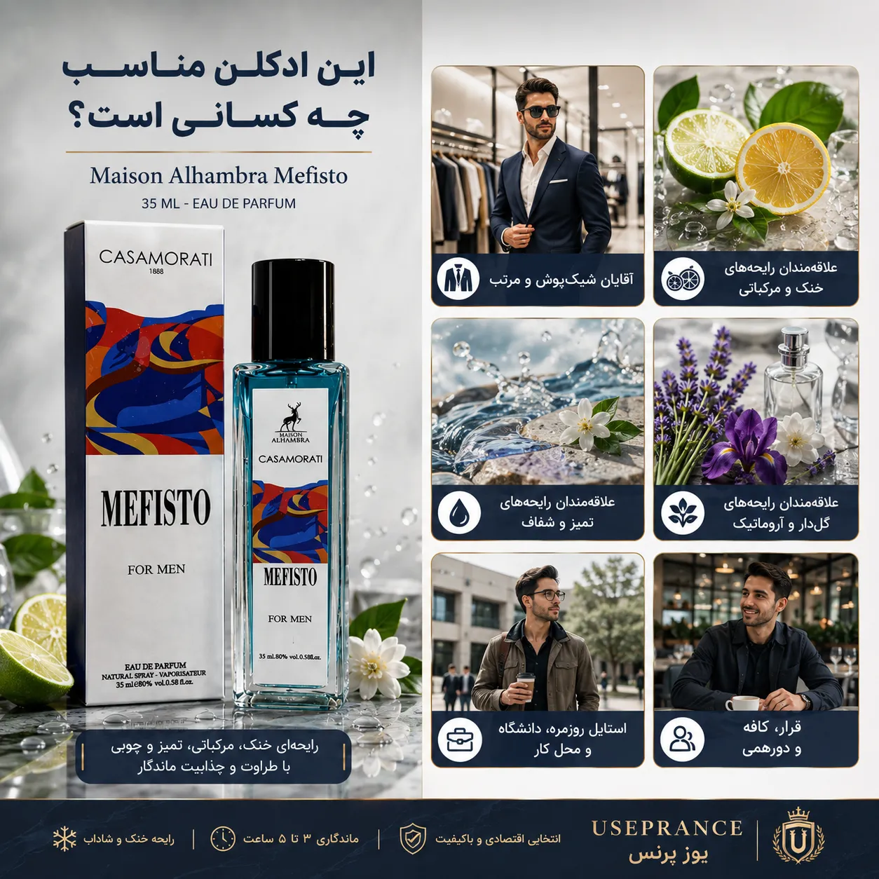 ادکلن کازوموراتی مفیستو الحمبرا 35 میل مناسب چه موقعیت هایی است؟ محیط کار قرار عاشقانه مهمانی