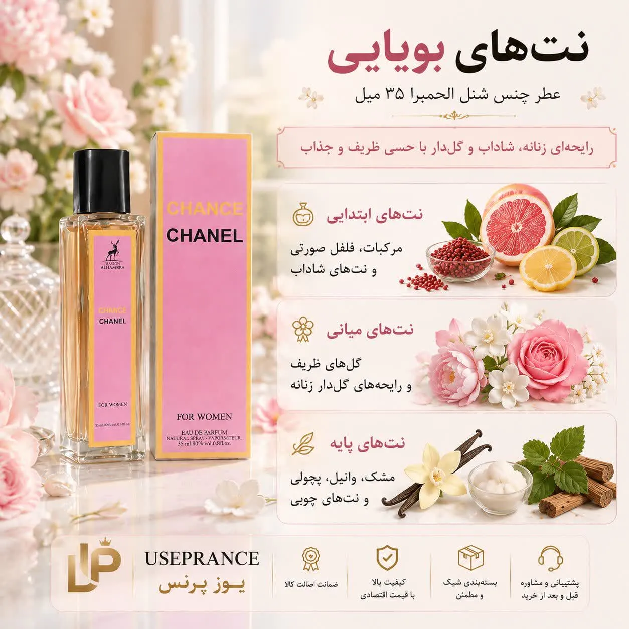 نوت ها و رایحه ادکل چنس شنل الحمبرا 35 میل