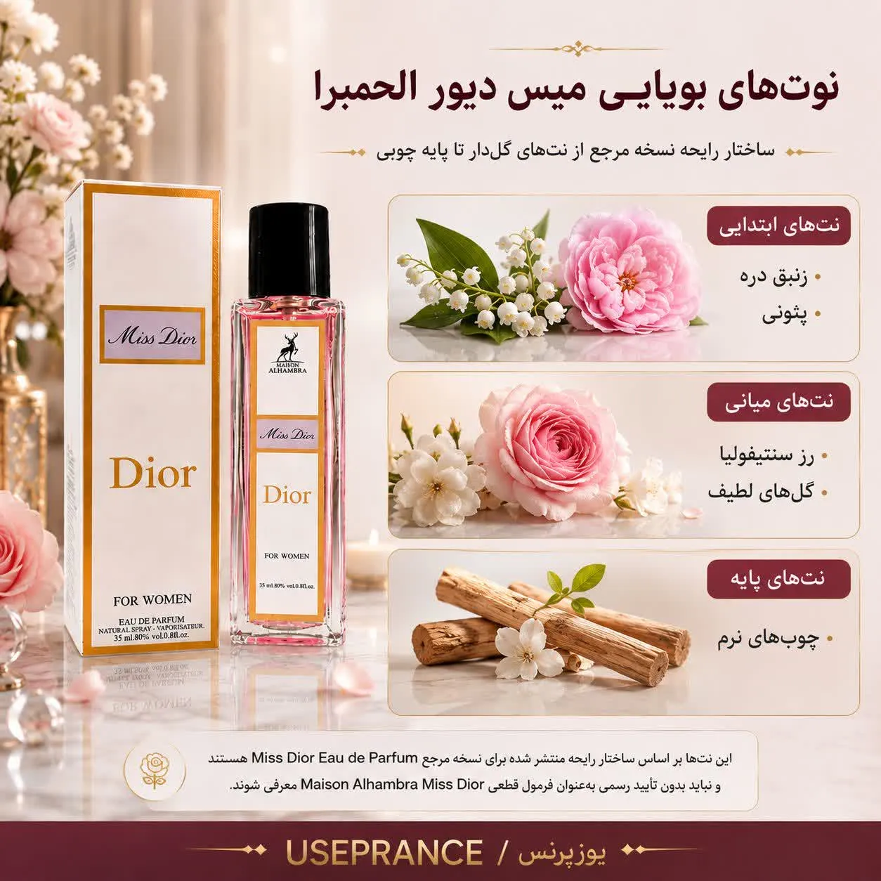 نوت ها و رایحه ادکلن میس دیور الحمبرا 35 میل